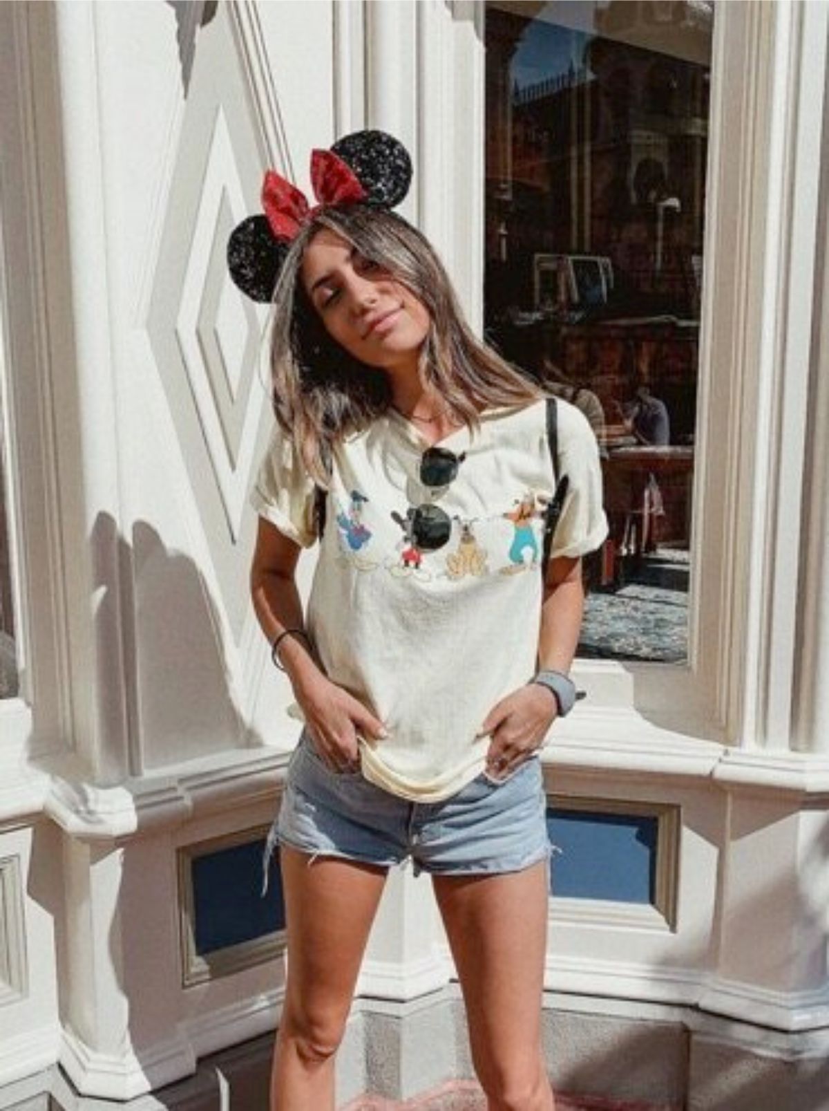 outfit with disney fab five shirt, blue shorts, and minnie mouse ears