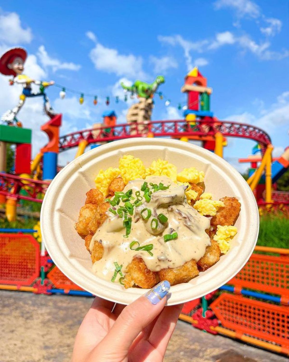 tots, scrambled eggs, and gravy breakfast at Woody's Lunch Box