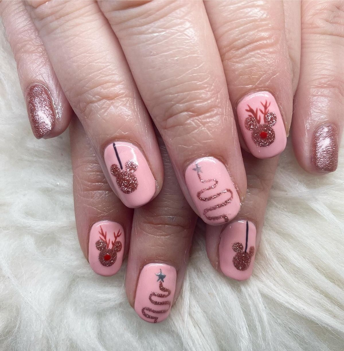 Pink Mickey Reindeer Nails

