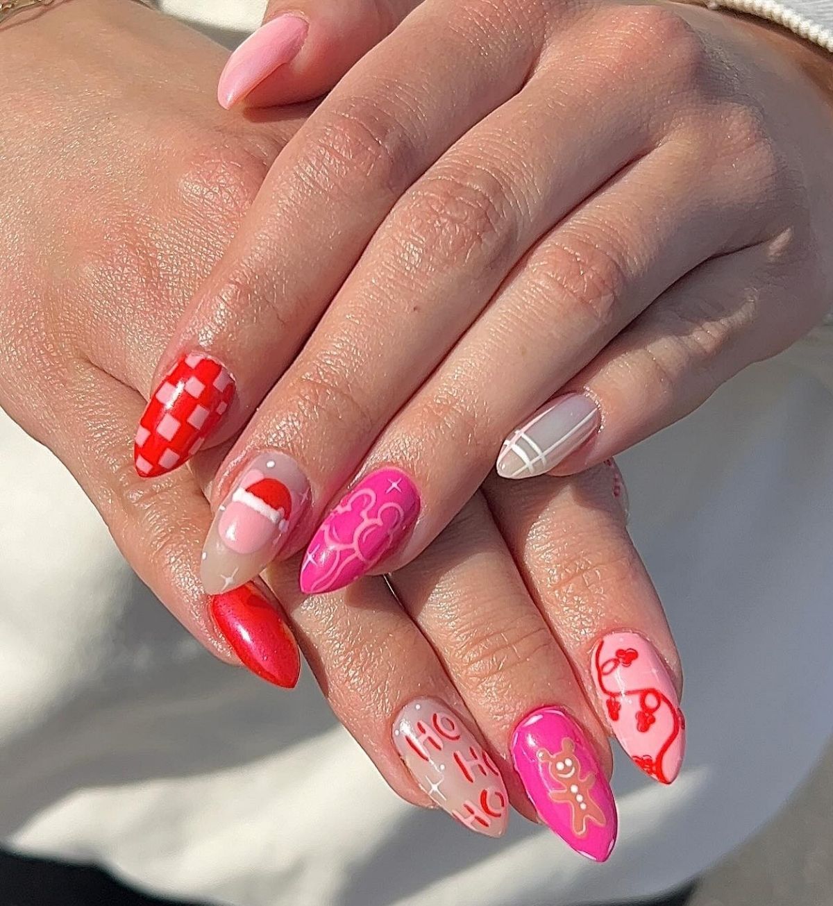 Red and Pink Mickey Christmas Nails

