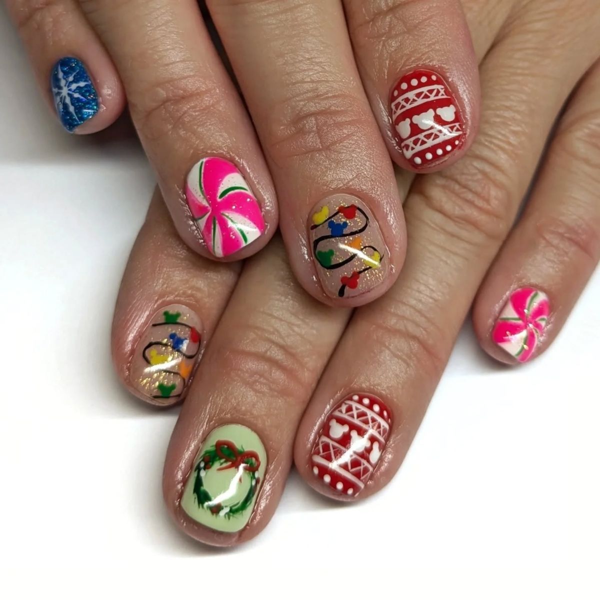 Short and Bright Disney Holiday Nails

